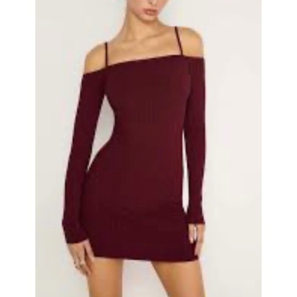 Good American NWOT‎ Cold Shoulder Long Sleeve Maroon Mini Dress Sz 2XL Ribbed